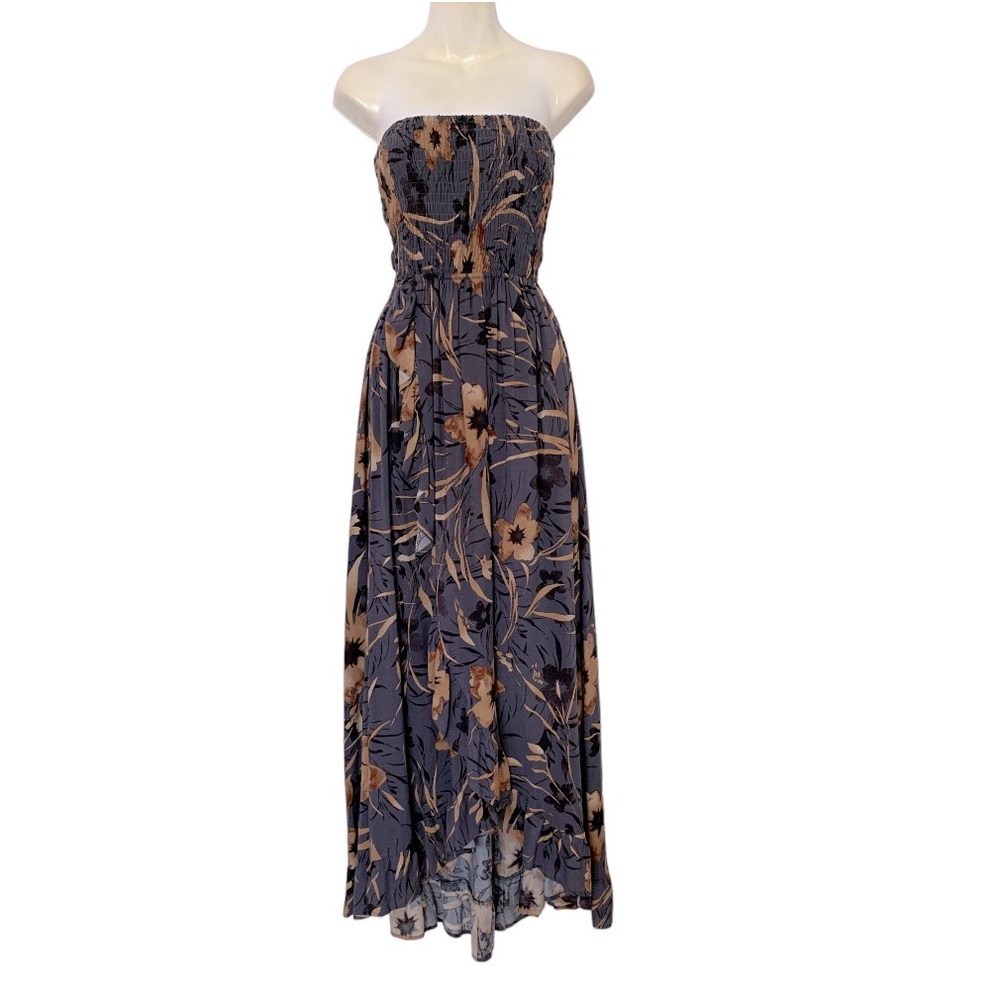 Floral Strapless Maxi Dress in Blue and Tan
